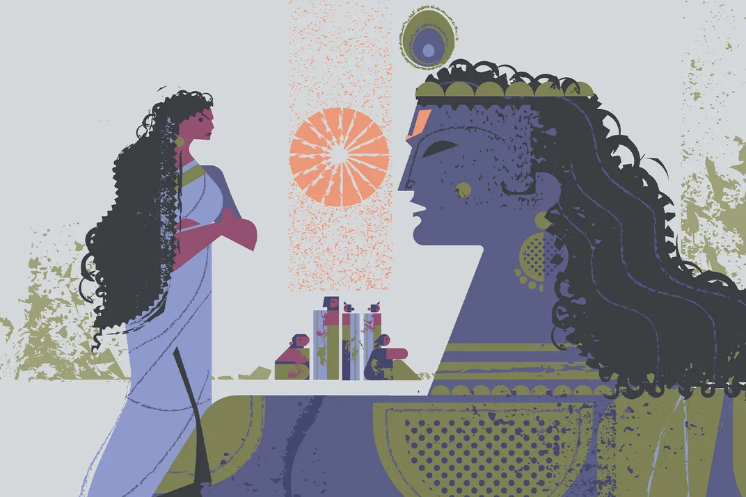 Ο Λόρδος Krishna συμβουλεύει τη βασίλισσα Draupadi και τους πέντε συζύγους της